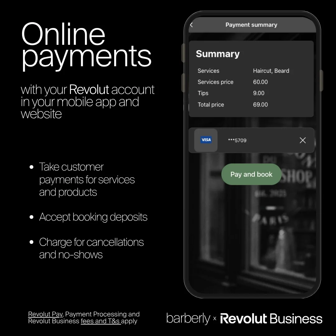 Barbershop booking app taking a card payment through Revolut